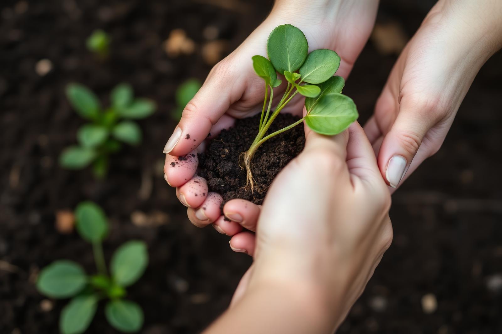 Hands holding soil with young plant